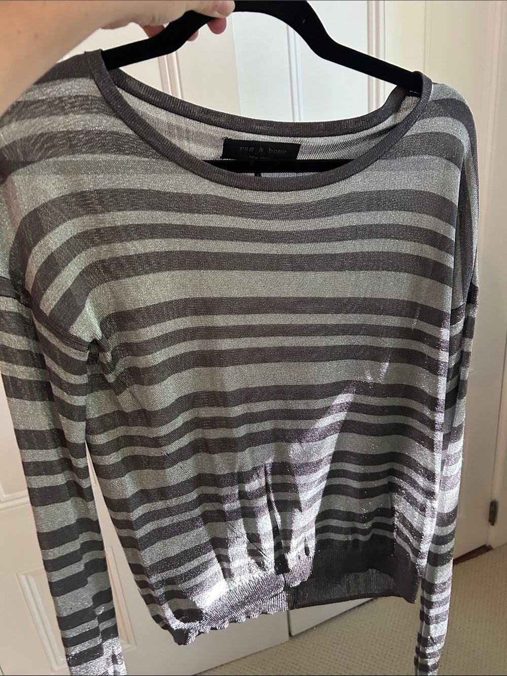 rag & bone Gray and Silver Striped Metallic Crewneck Sweater